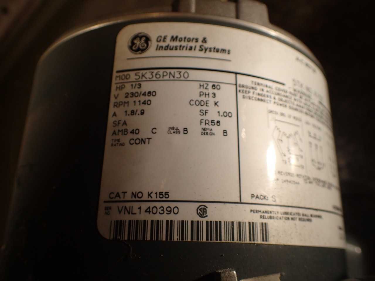 General Electric GE 5K36PN30 K155 3/4-HP 1140-RPM 230/460V 3-ph Motor 5/8" Shank - ELECTRIC MOTORS