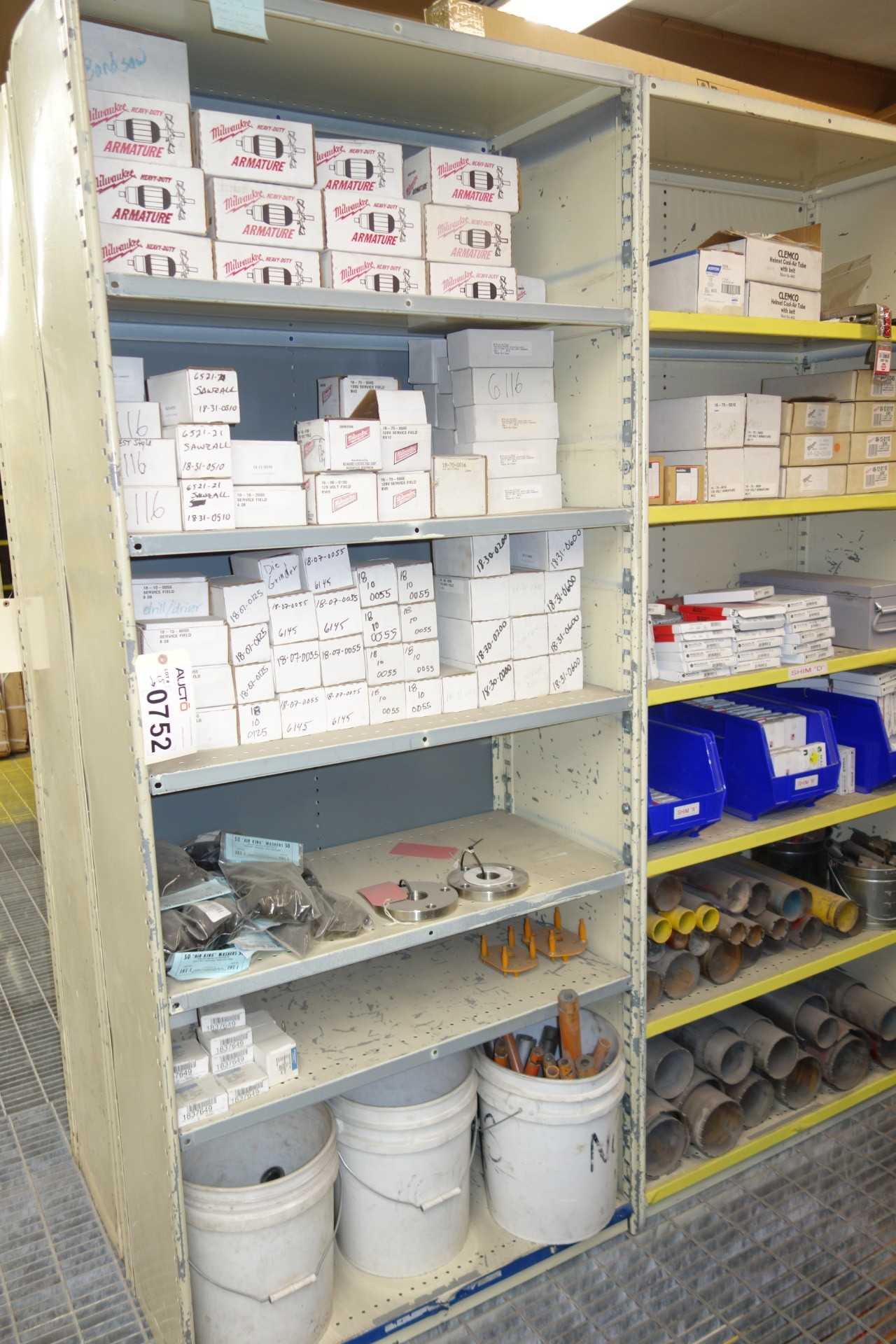 Contents of 5x sections shelving - power tool parts, shims - SHELVING