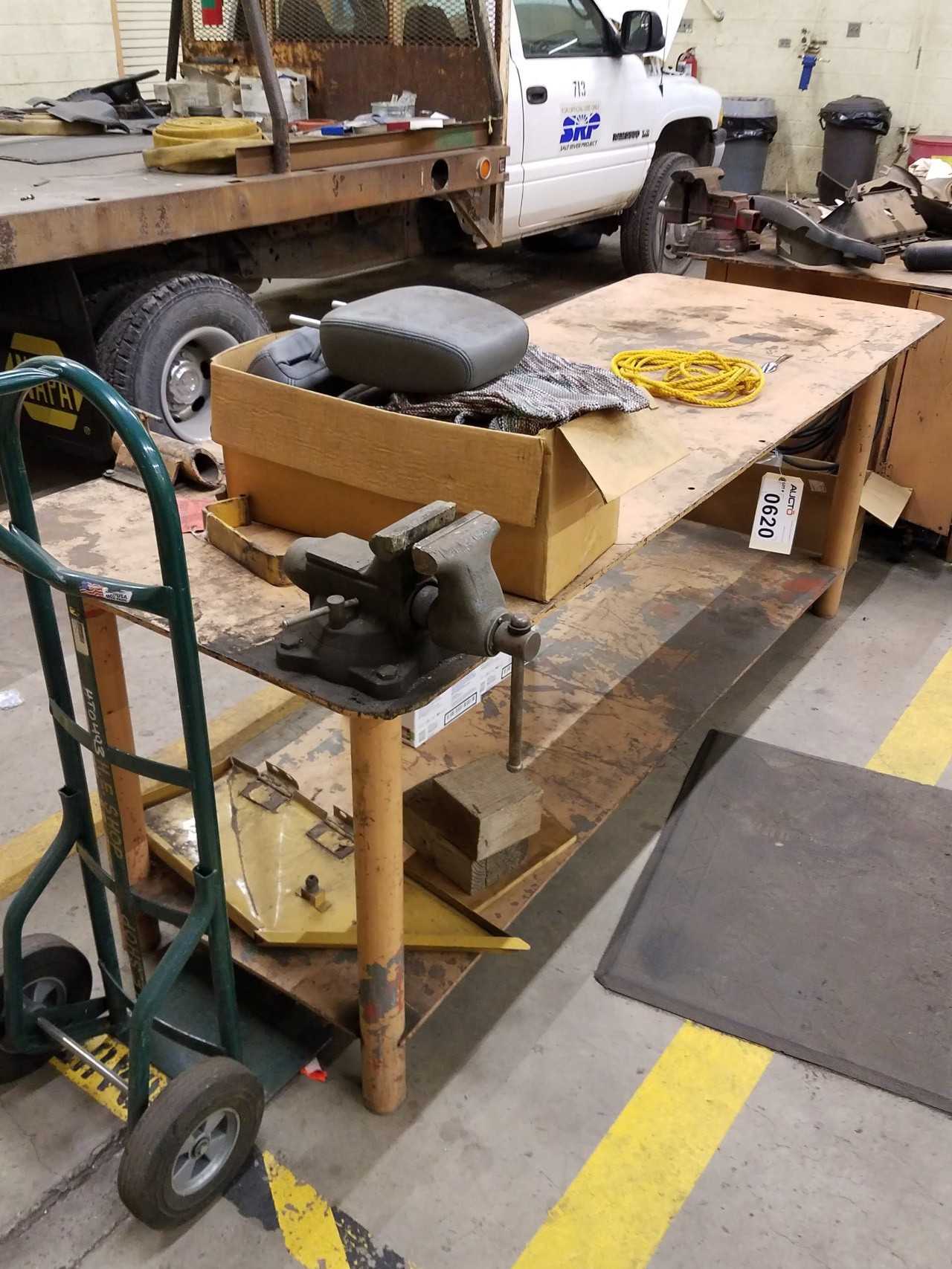 8' x 3' steel work table with 5" vise - MATERIAL HANDLING