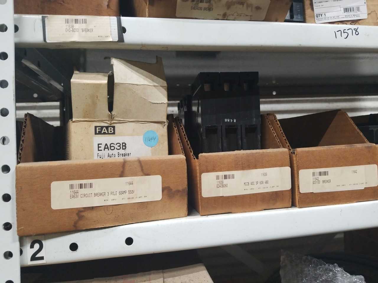 CONTENTS OF 2 SHELVES , SQUARE D BREAKERS, MOTOR BRUSH, SIEMENS BREAKERS - MISCELLANEOUS