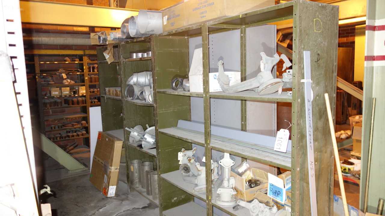SHELVES WITH CONTENTS, ASSORTED STEEL REPLACEMENT PARTS, PLATES, ADAPTERS, FLANGES - MISCELLANEOUS