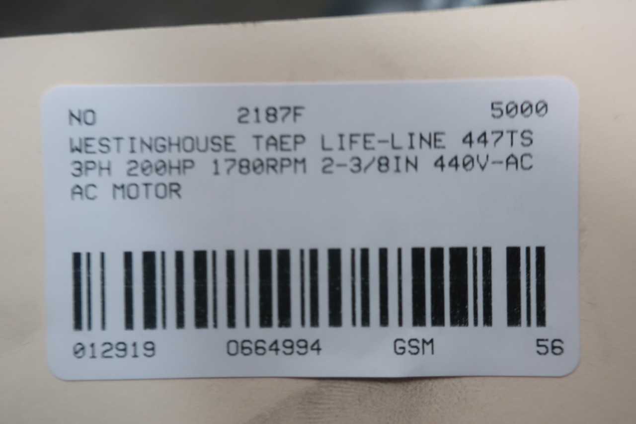WESTINGHOUSE TAEP LIFE-LINE 447TS 3PH 200HP 1780RPM 2-3/8IN 440V-AC AC MOTOR - ELECTRIC MOTORS