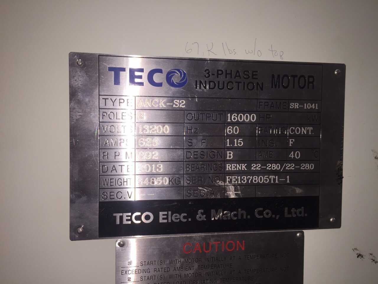 Teco Westinghouse ANCK-S2 13200 V-AC 16000HP Electric Motor - ELECTRIC MOTORS