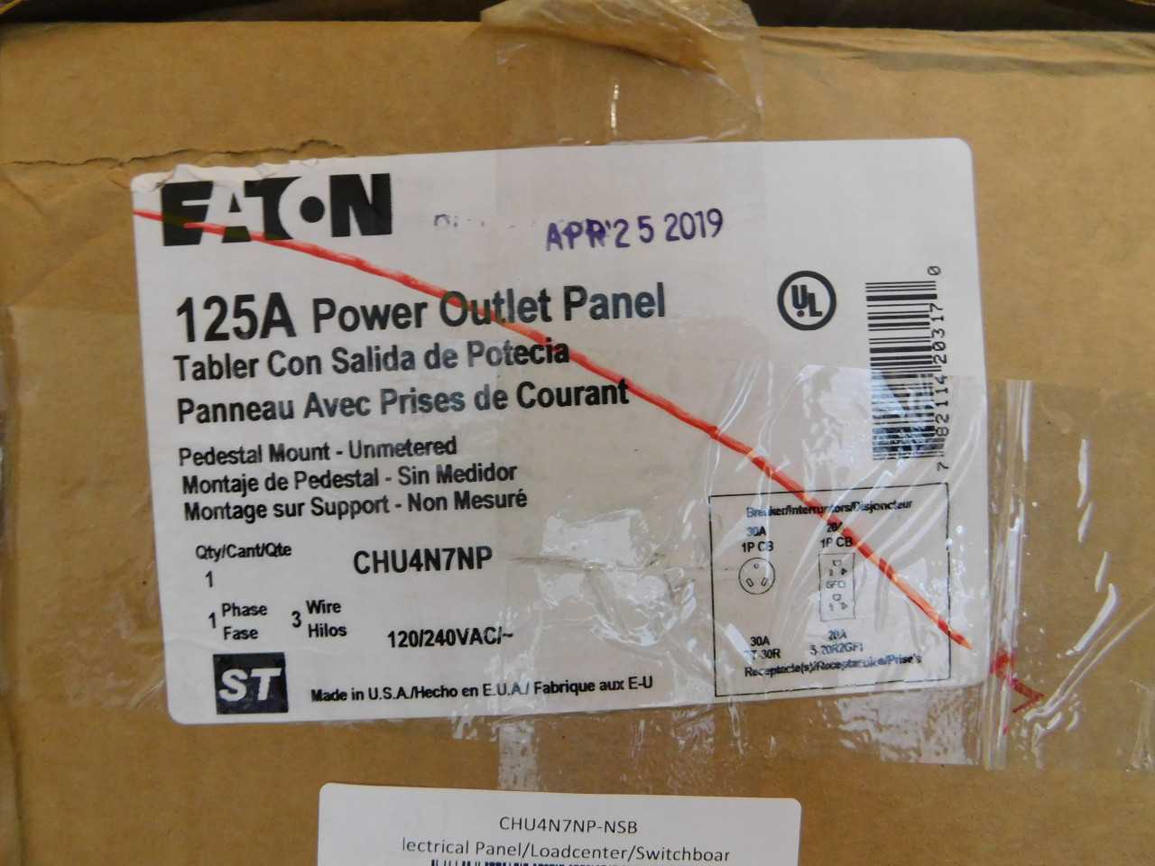Quantity of 1 New Surplus Eaton CHU4N7NP Power Outlet Panel 125A 120V 1 - ELECTRICAL COMPONENTS