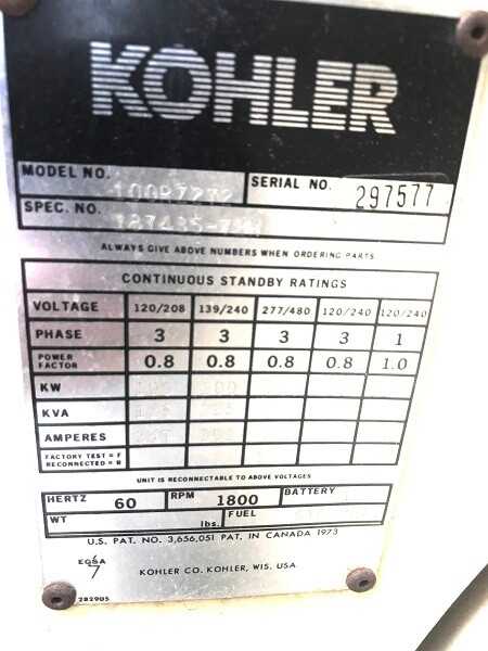 Kohler 100KW Generator Model 100R7272 - STANDBY POWER GENERATOR