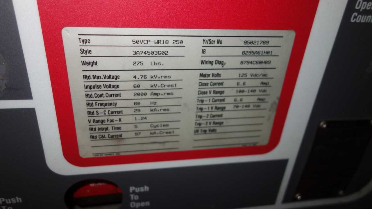 WESTINGHOUSE 50VCP-WR18 2000A 4.76KV SWITCHGEAR AIR CIRCUIT BREAKER - SWITCHGEAR