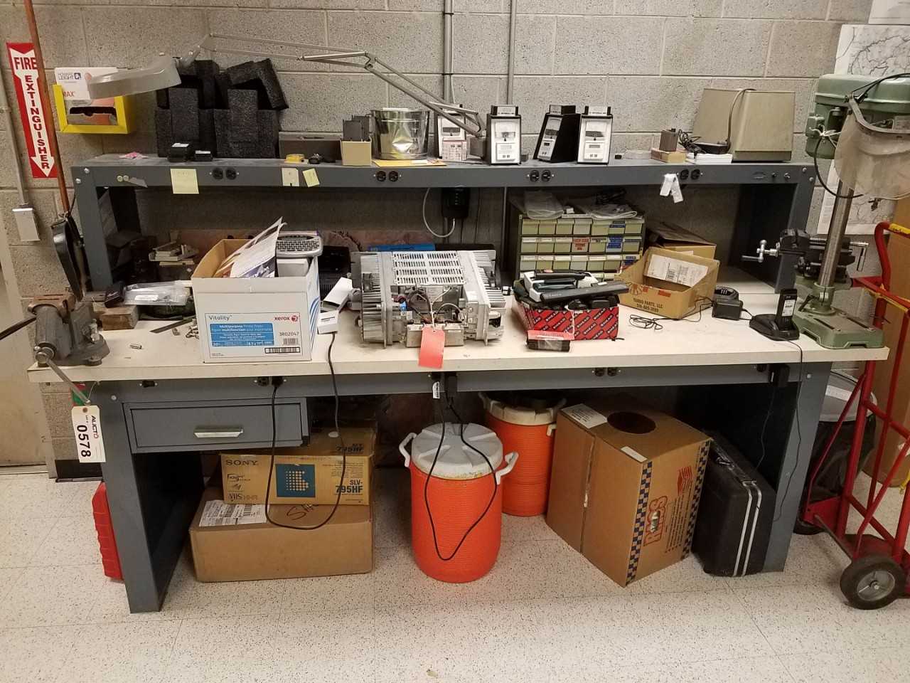 8' x 3' steel work desk with wood surface, 3" vise (no other contents included) - PLANT & FACILITY 8' x 3' steel work desk with wood surface, 3" vise (no other contents included) - PLANT & FACILITY