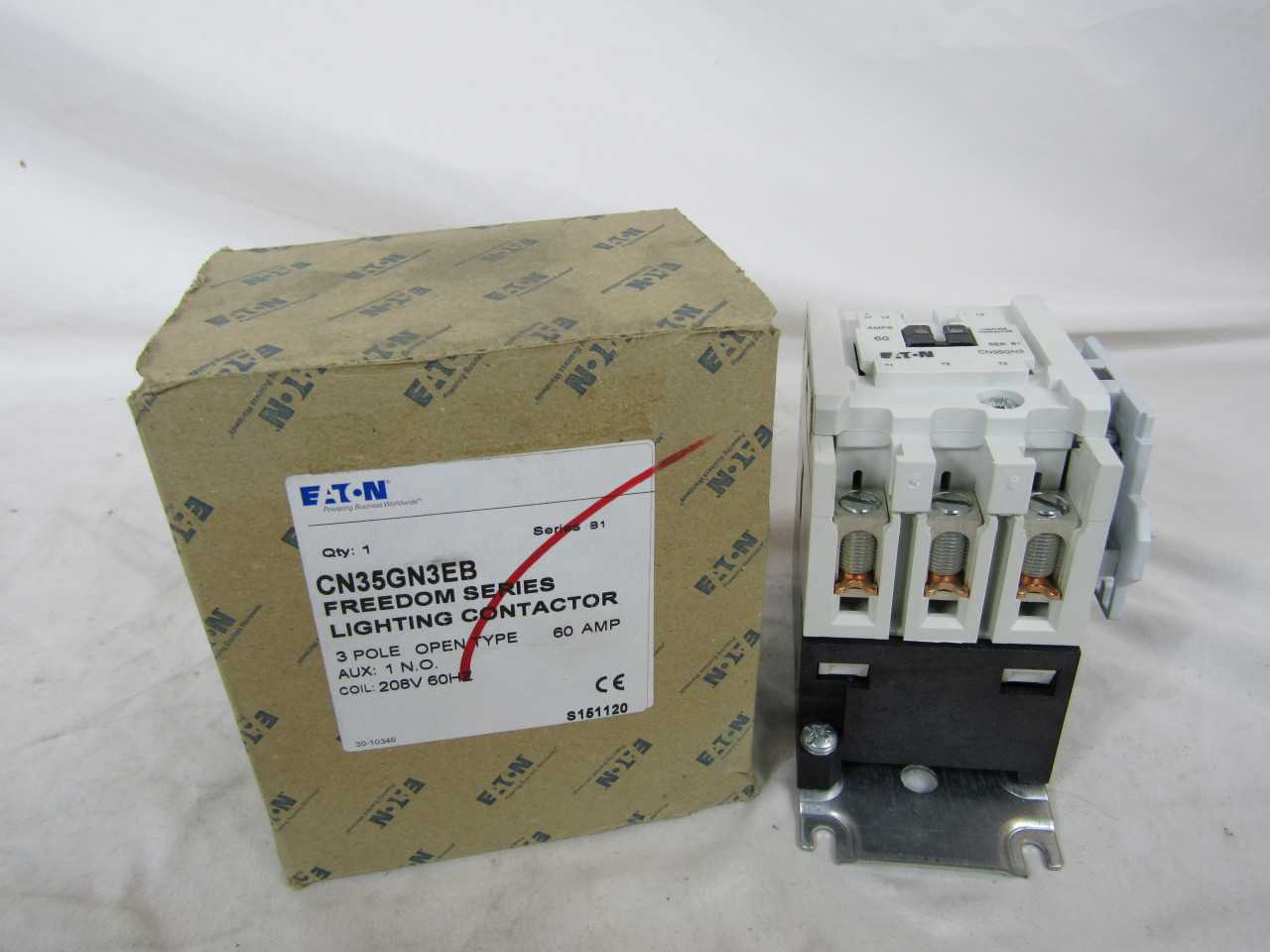 Quantity of 2 New Surplus Eaton CN35GN3EB Lighting Contactor Open 3P 60A 208V 1NO - CONTACTORS