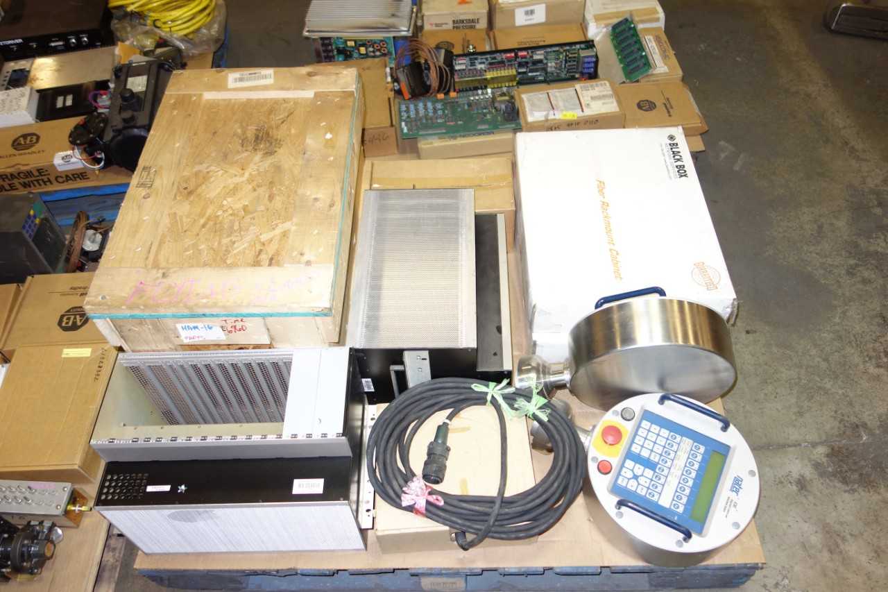 4 PALLETS OF ASSORTED ELECTRICAL AUTOMATION, SERVO MOTORS, CABLE-WIRES, ASSORTED SWITCHES, PENDANT ROBOT, ASSORTED MODULES, CIRCUIT BOARDS , INTERFACE PANEL AND ACCESSORIES - ELECTRICAL COMPONENTS