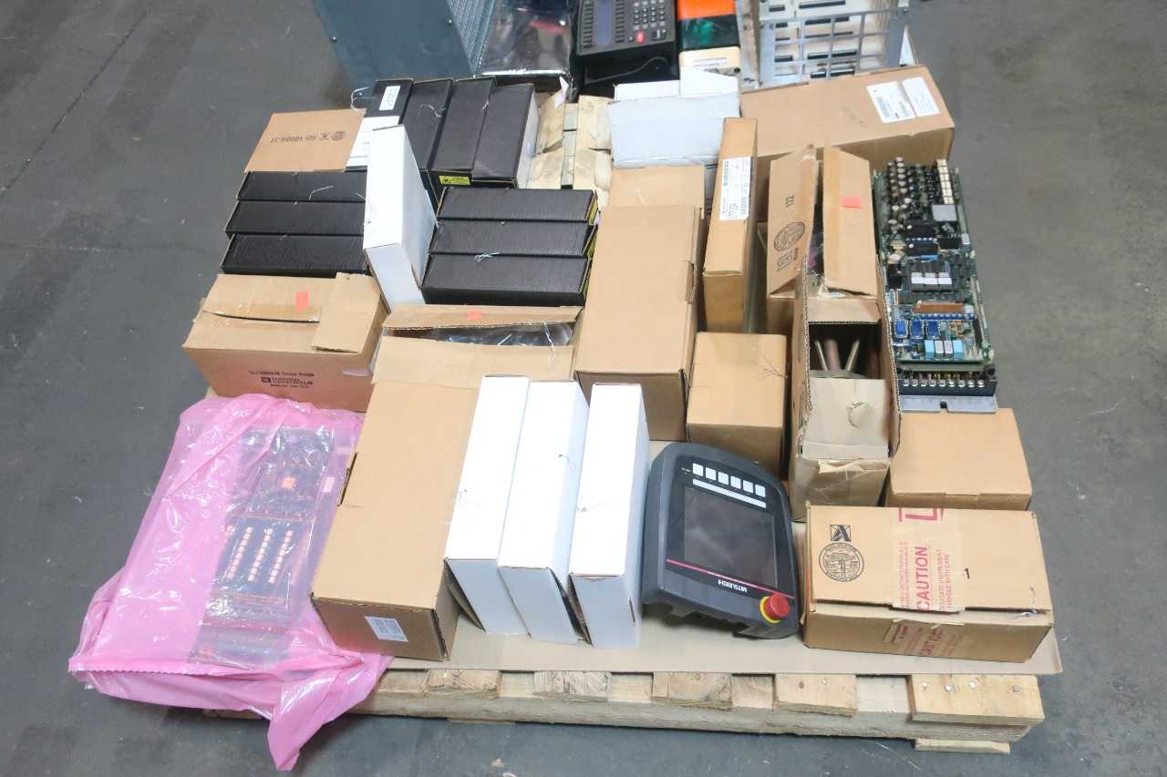 2 PALLETS OF ASSORTED ELECTRICAL SERVO DRIVE, SERVO AMP, MODULES, OPERATOR INTERFACE PANEL, HUMIDITY SENSOR, POWER SUPPLY, ASSEMBLY SENSOR, CHASSIS RACK, RADIO COMMUNICATOR, SMOKE DETECTOR- MITSUBISHI, WESTINGHOUSE, ALLEN BRADLEY, ABB, HONEYWELL, SIMPLEX, - AUTOMATION & CONTROLS