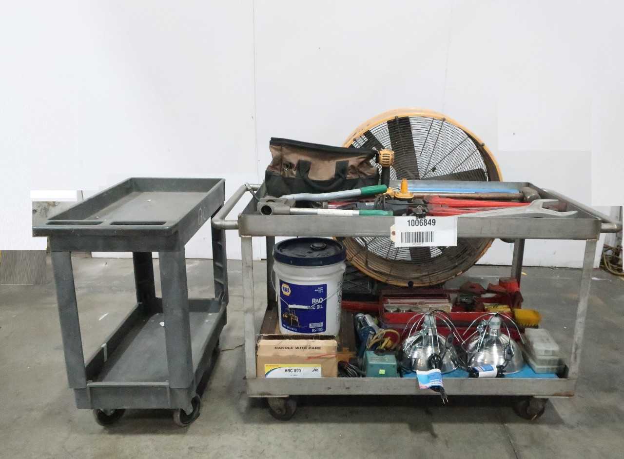 2 UTILITY CARTS, INDUSTRIAL FAN AND ASSORTED HAND TOOLS. - HAND TOOLS