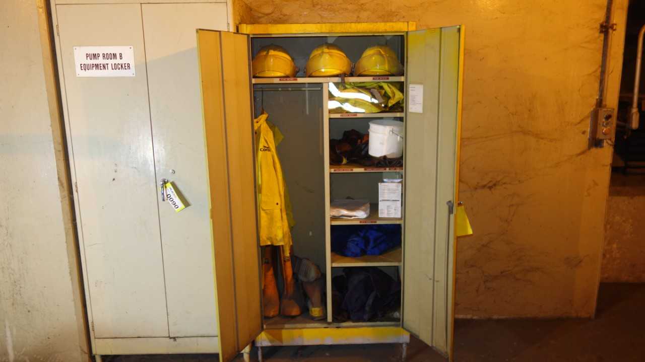 2 DOOR SAFETY LOCKER W/ CONTENTS, FIRE HELMETS, FACE SHIELDS, COVERALLS - TOOL STORAGE