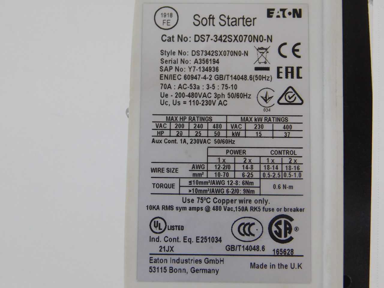 Quantity of 1x DS7-342SX070N0-N Starters - MOTOR STARTERS Quantity of 1x DS7-342SX070N0-N Starters - MOTOR STARTERS