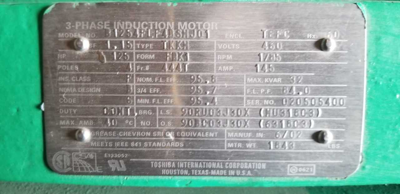 125 HP 1800 RPM 444T Frame Toshiba Motor Rebuilt - ELECTRIC MOTORS