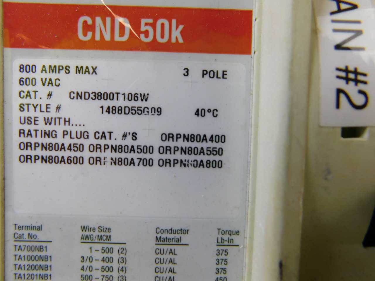 Quantity of 1x CND3800T106WS10 3P 800A 600VAC Molded Case Circuit Breakers - CIRCUIT BREAKERS