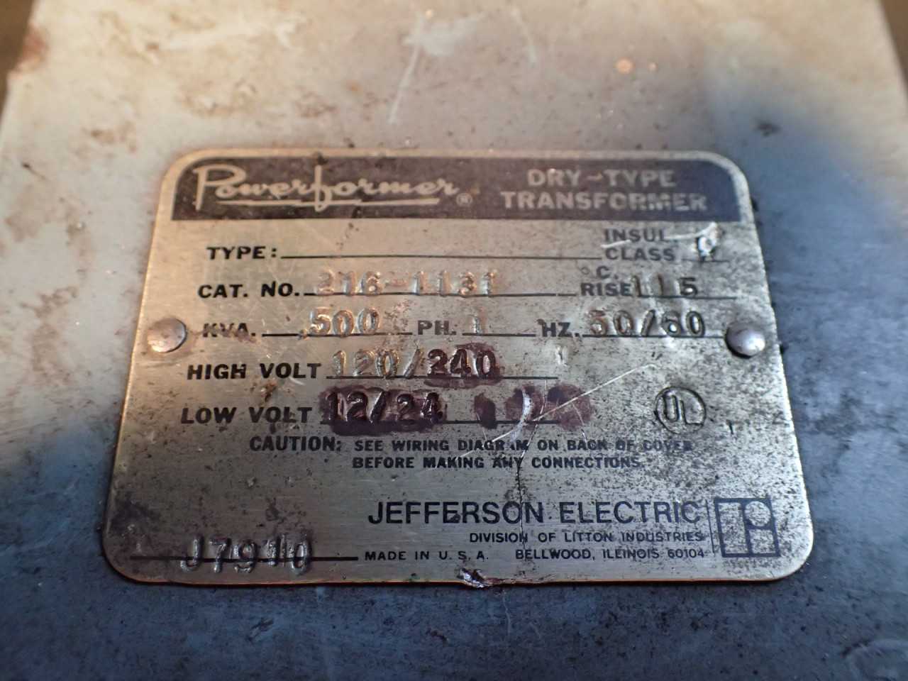 Powerformer 216-1131 .500kv 500v Dry Transformer: 120/240V primary 12/24v second - CONTROL TRANSFORMERS