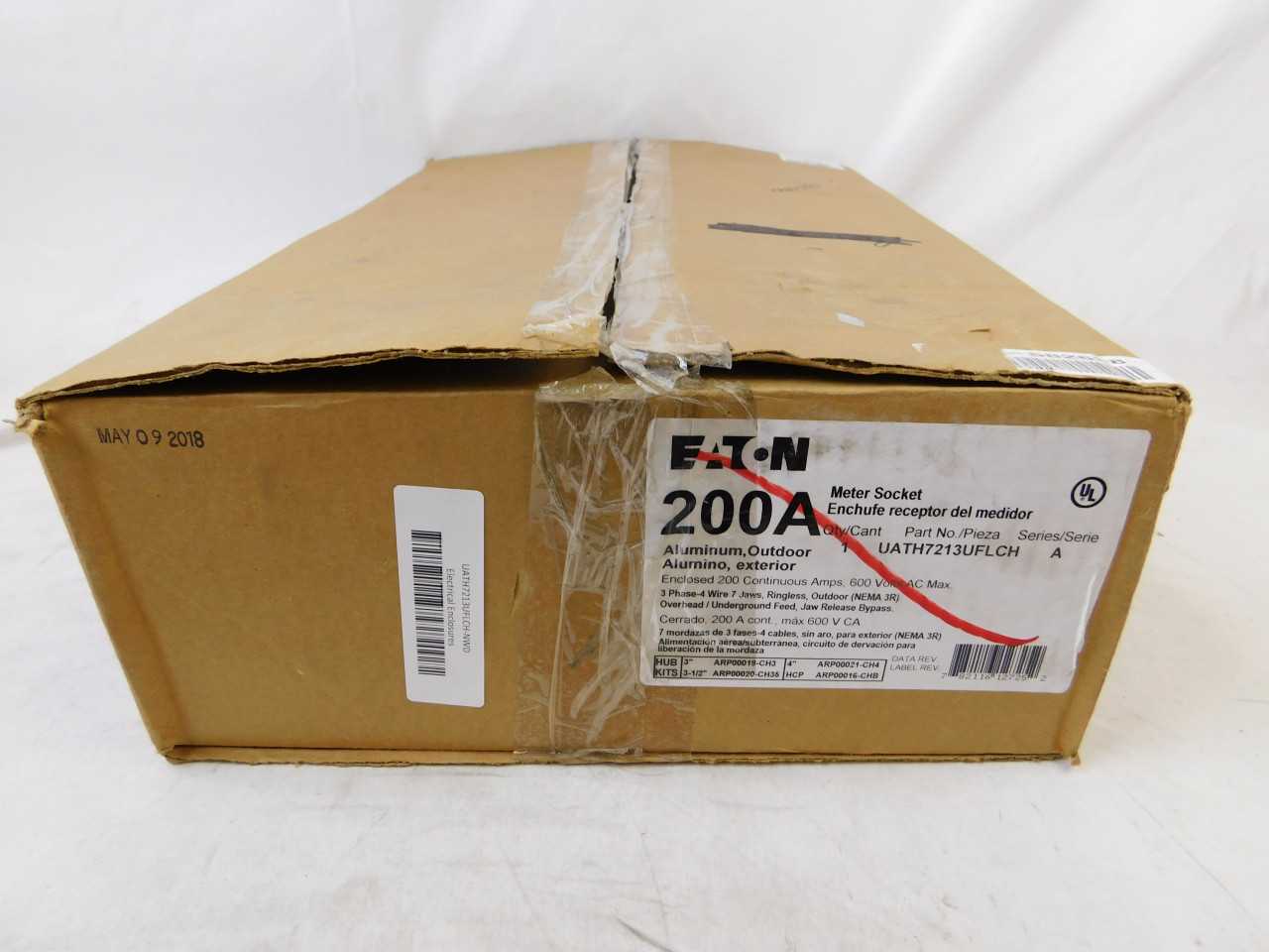 Quantity of 1 New Surplus Eaton UATH7213UFLCH Meter Socket Ringless 200A 600V 3 - INDUSTRIAL PARTS Quantity of 1 New Surplus Eaton UATH7213UFLCH Meter Socket Ringless 200A 600V 3 - INDUSTRIAL PARTS