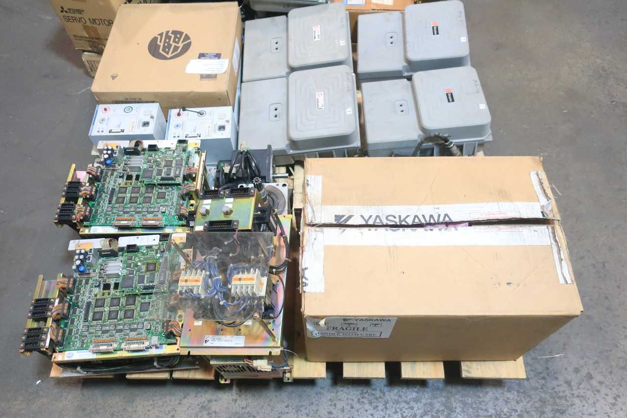2 PALLETS OF ASSORTED ELECTRICAL ALARM SENSOR, SERVO MOTORS, CABLE-WIRE CONTROLS, MODULE, MOTOR DRIVE, BRAKE RESISTER- SIMPLEX, YASKAWA, SANYO DENKI, GENERAL ELECTRIC, FANUC, NIKON, MITSUBISHI - SERVO