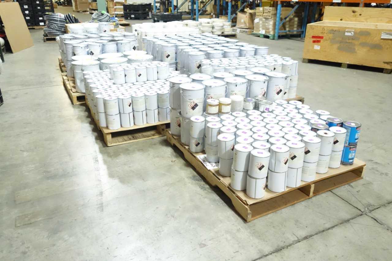 7 PALLETS OF VON ROLL EPOXY IMPREGNATING RESIN AND VARNISHES - HAND TOOLS