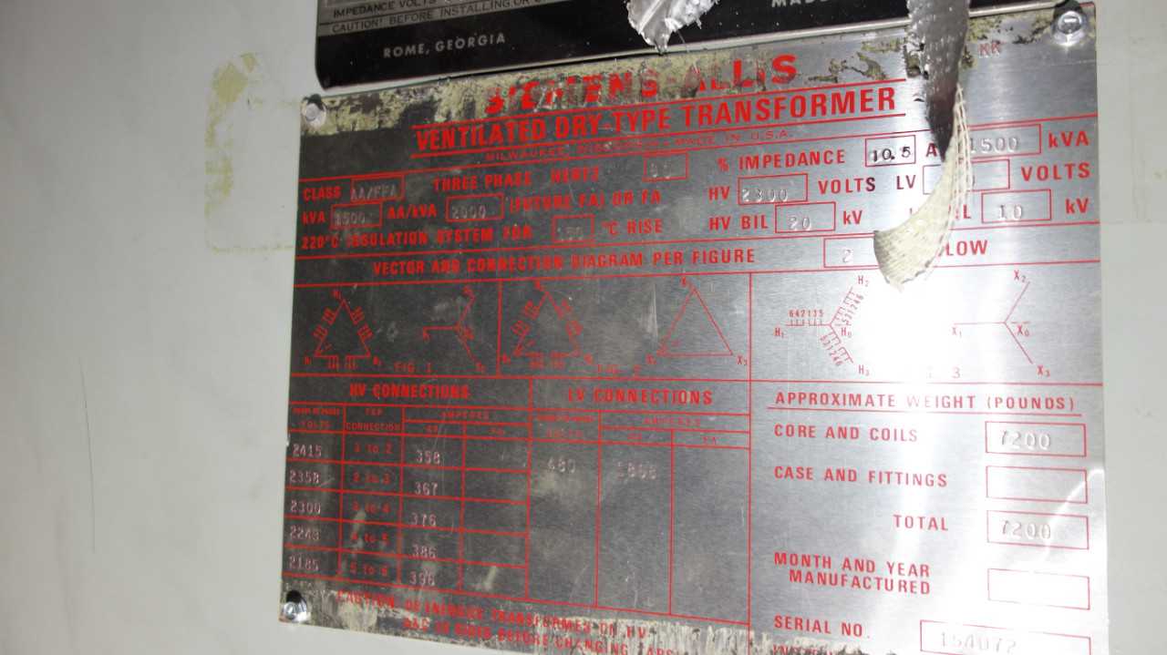 SIEMENS ALLIS AA/FFA 1500KVA 2300V-AC TRANSFORMER - CONTROL TRANSFORMERS