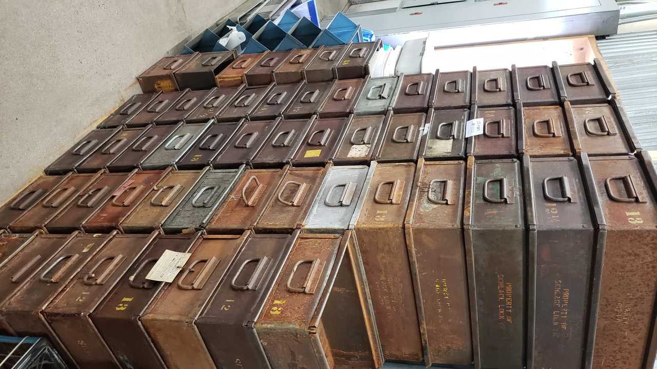(61) Metal Storage Containers (Stackable) & Miscellaneous Plastic Shop Trays - TOOL STORAGE (61) Metal Storage Containers (Stackable) & Miscellaneous Plastic Shop Trays - TOOL STORAGE