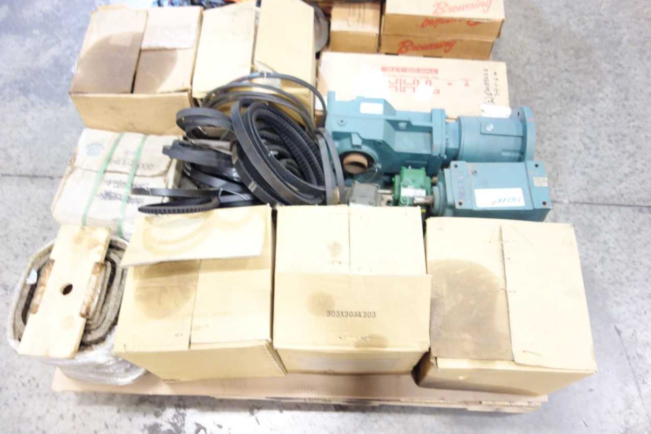 2 PALLETS OF ASSORTED BELTS, ROLLER CHAIN, GEAR REDUCER, SPROCKET- BROWNING, THK, OHIO GEAR, TIGEAR - GEAR REDUCERS