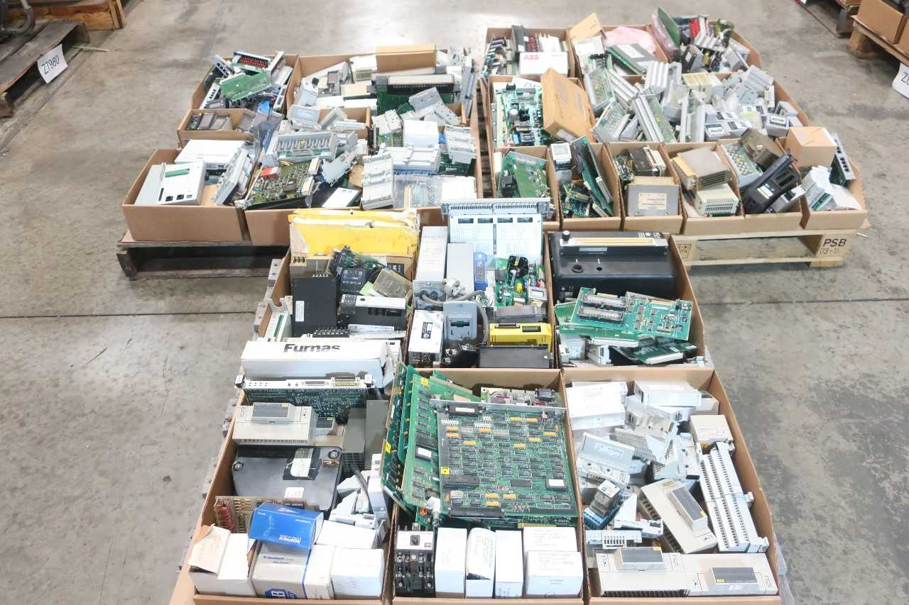 3 PALLETS OF ASSORTED ELECTRICAL CIRCUIT BOARDS, MODULES, HIGH VACUUM, POWER SOURCES- MITSUBISHI, ABB, BOC EDWARDS, YASKAWA - AUTOMATION & CONTROLS