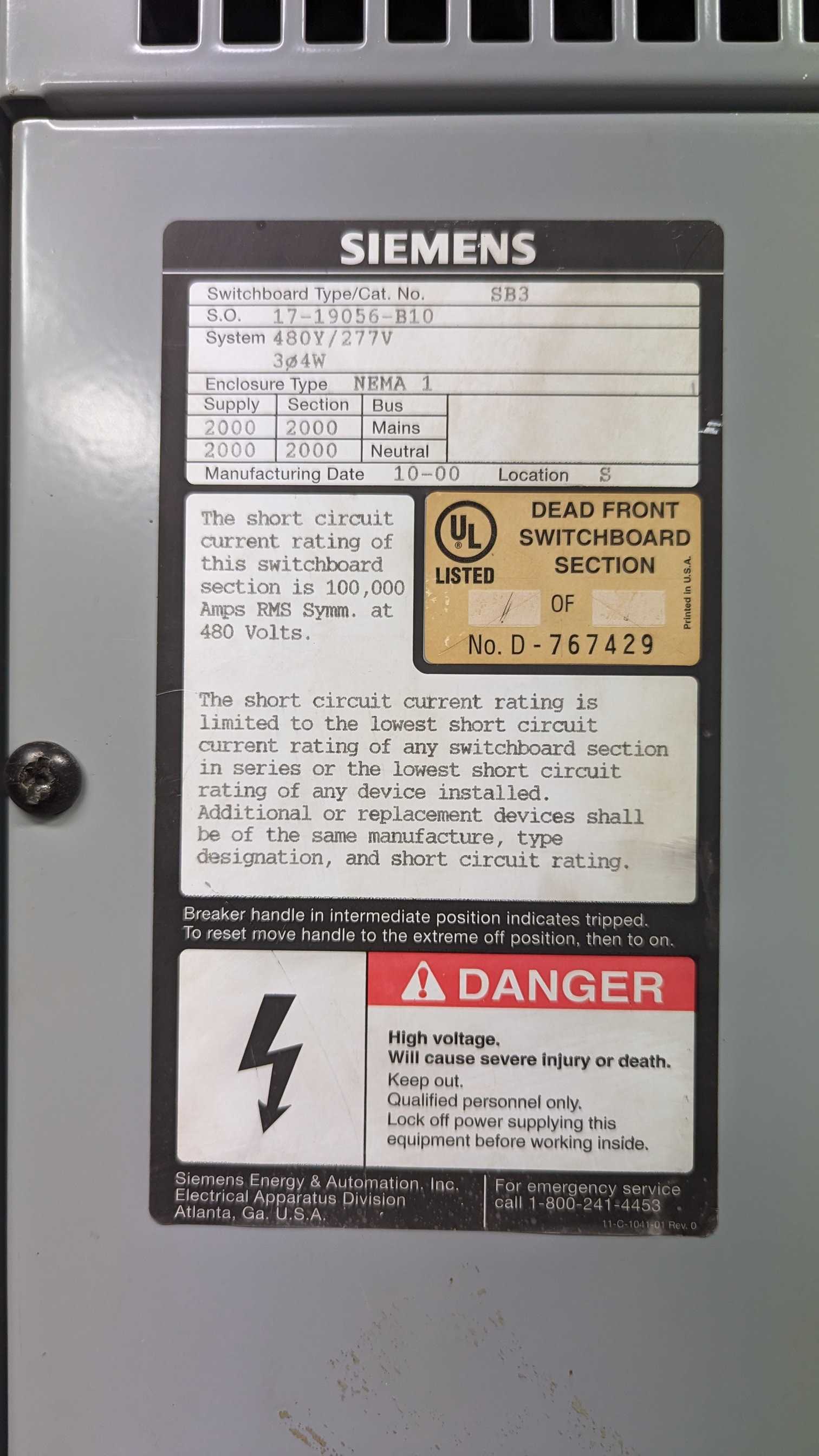 Bulk Lot of 2000 Siemens SB3 Main Breaker Switchgear - QTY 3 - SWITCHGEAR