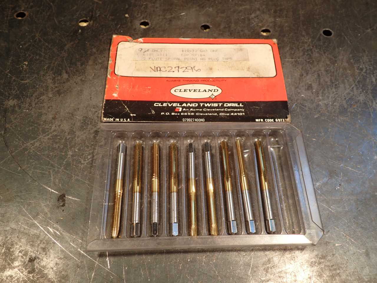 9 Pcs Cleveland #10-32 NF 2-Flute Spiral Pointed Hand Thread Taps TiN Coated HSS - MACHINING ACCESSORIES & TOOLING