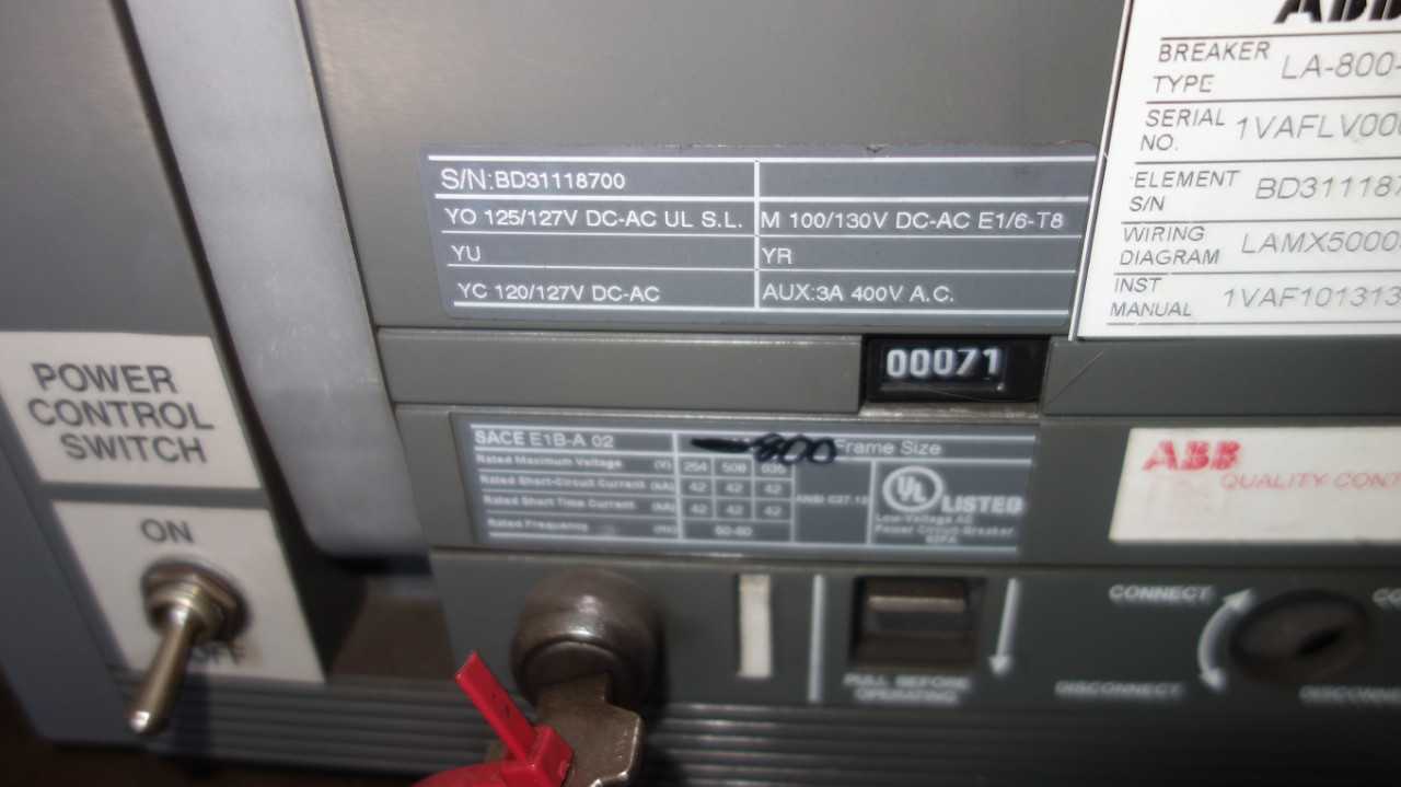 ABB SACE EMAX E1B-A 02 800A SWITCHGEAR BREAKER - CIRCUIT BREAKERS