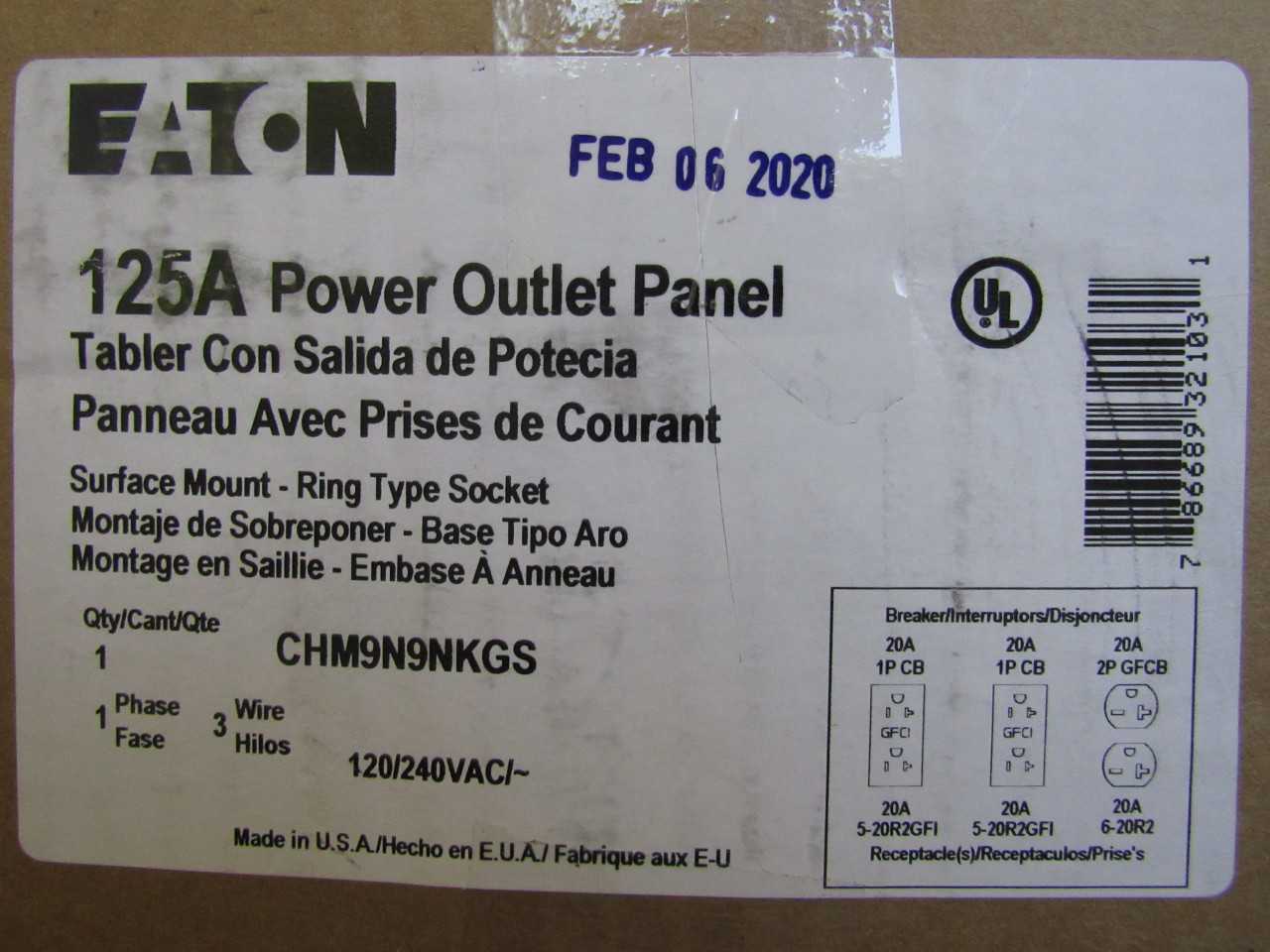 Quantity 1 of Eaton CHM9N9NKGS Main Breaker Panel 125A - ELECTRICAL COMPONENTS