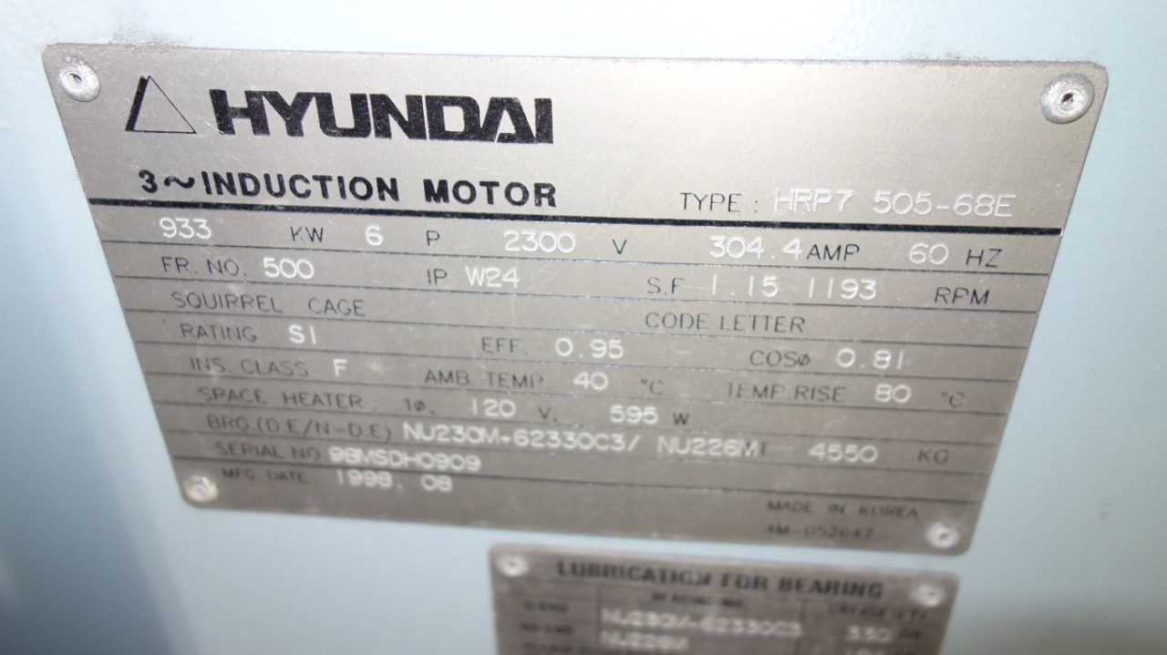 HYUNDAI HRP7 MOTOR 933KW 2300V FRAME 500 1193RPM - ELECTRIC MOTORS