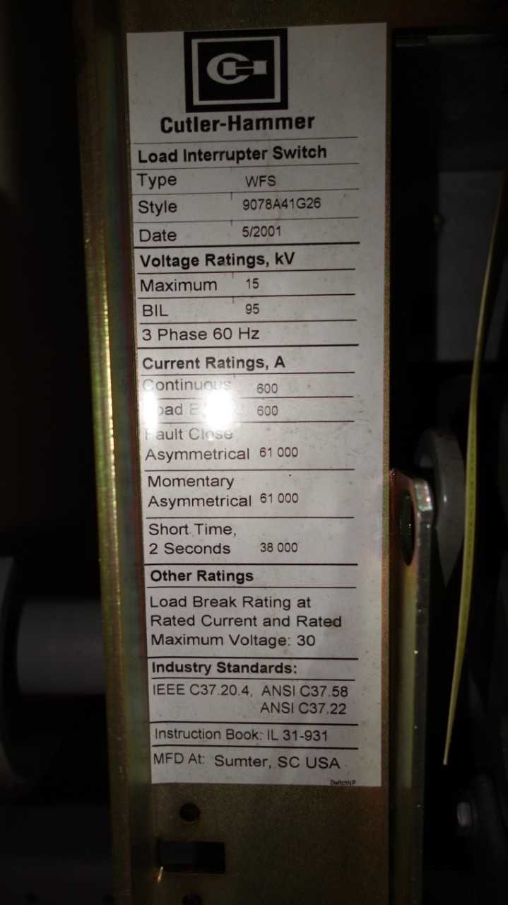 CUTLER HAMMER WFS 15KV 600A LOAD INTERRUPTER SWITCH - SWITCHGEAR