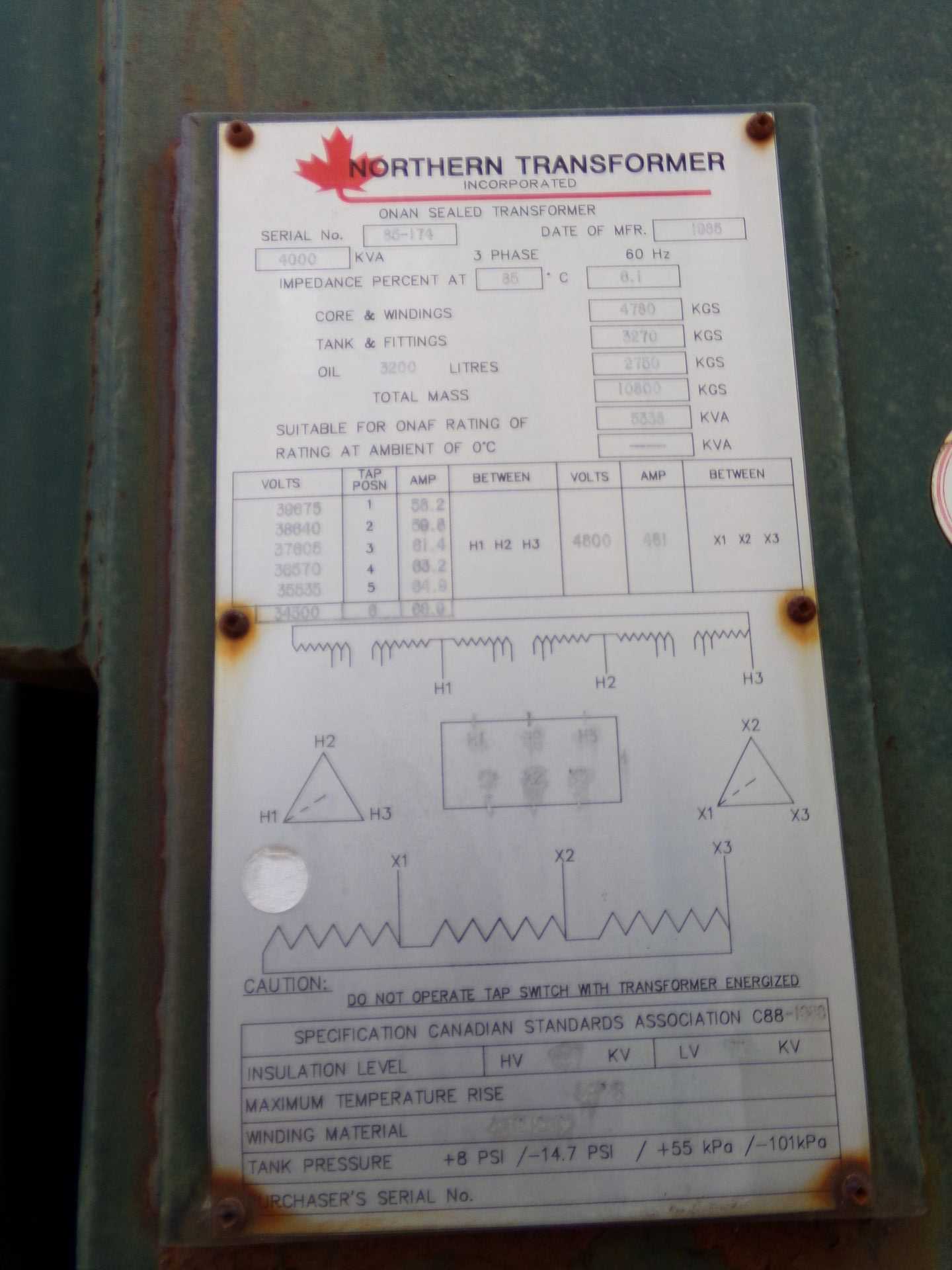 1985 Northern Transformer 34,500V-AC Transformer - CONTROL TRANSFORMERS