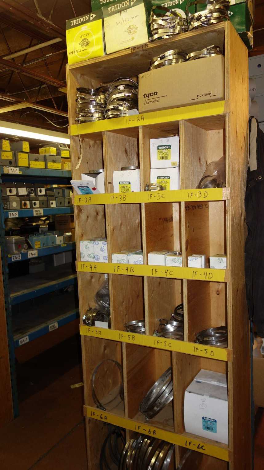 CONTENTS OF PIGEON HOLE CABINET, ASSORTED STAINLESS HOSE CLAMPS, TRIDON - ELECTRIC POWER TOOLS