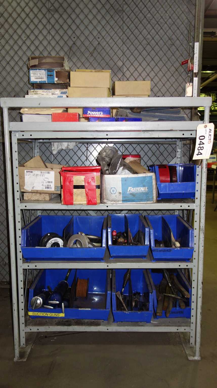 ASSORTED RACKING W/ ABRASIVES SHEETS, THREADED BOLTS, BRUSHES, TOOLS - TOOL STORAGE