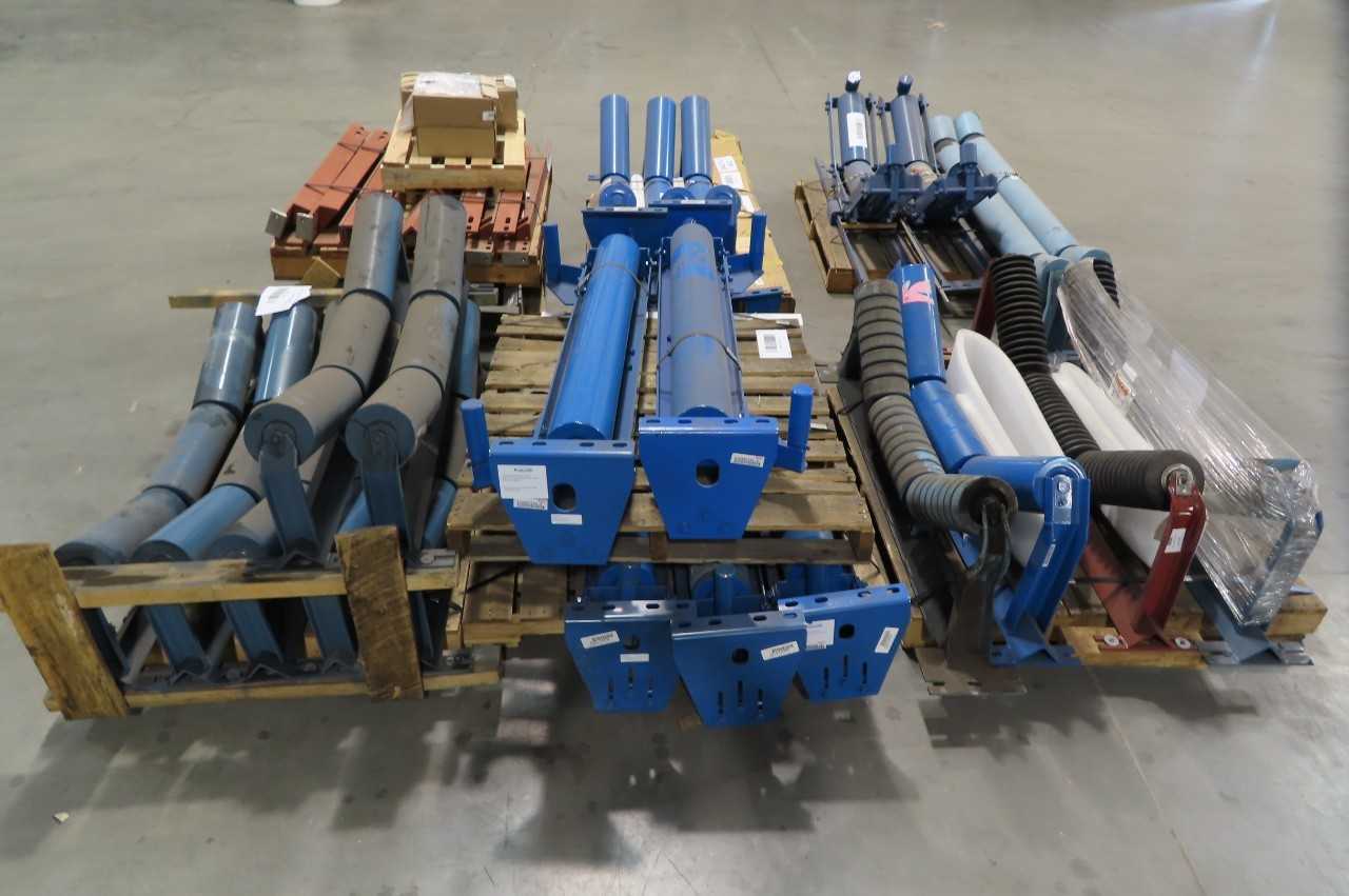 9 PALLETS OF ASSORTED WIDE SETTING TROUGHING IMPACT ROLLER IDLERS WITH REPLACEMENT PARTS, FALK HUBS, HEWITT ROBBINS, SAGUARD - GEAR REDUCERS