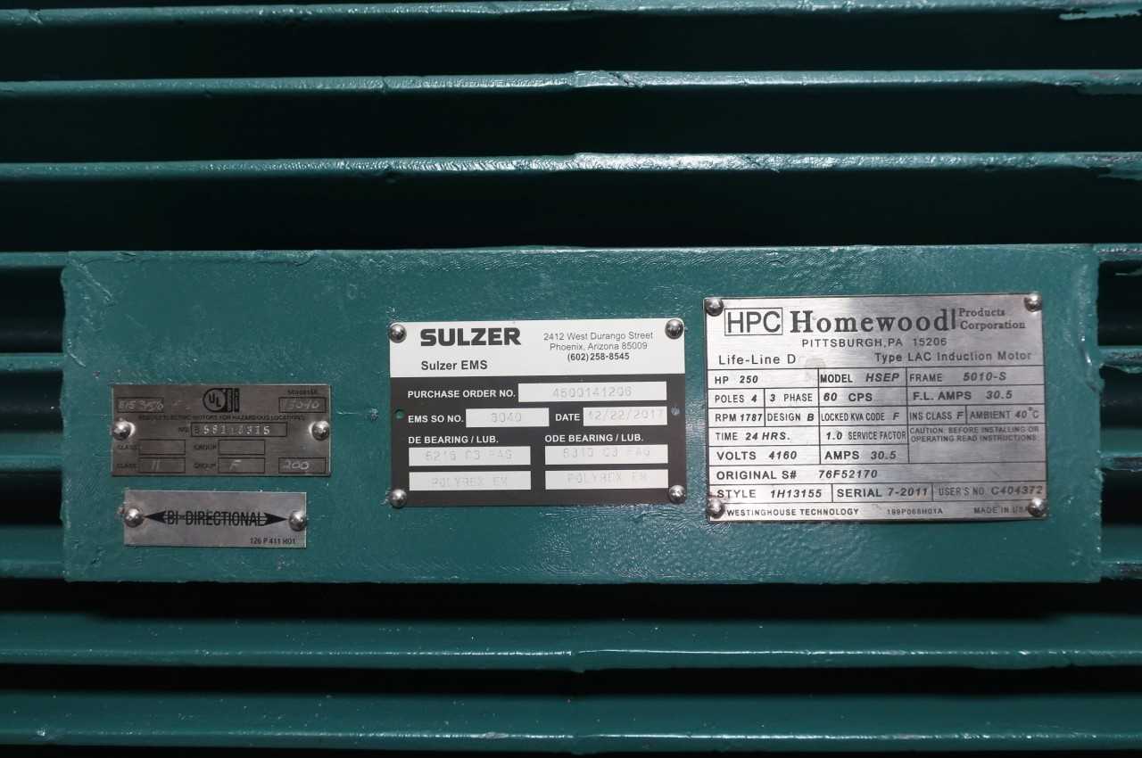 WESTINGHOUSE HSEP HOMEWOOD LIFE-LINE D 5010-S 250HP 1787RPM 4160V AC MOTOR - ELECTRIC MOTORS