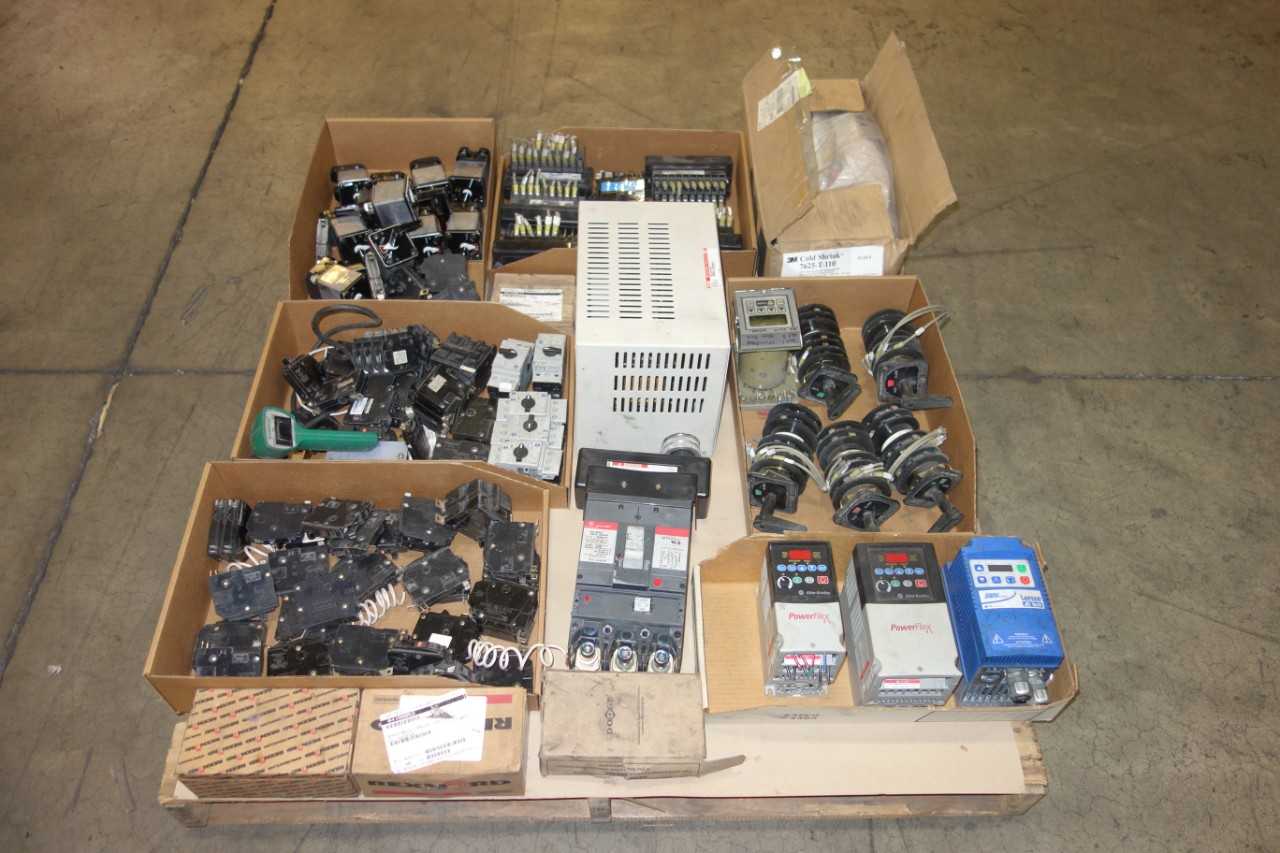 1 PALLET OF ASSORTED ELECTRICAL CONTROLS, CIRCUIT BREAKERS, DRIVES, RELAYS, TIMERS., BEARINGS, ALLEN BRADLEY, GENERAL ELECTRIC, SIEMENS - ELECTRICAL COMPONENTS