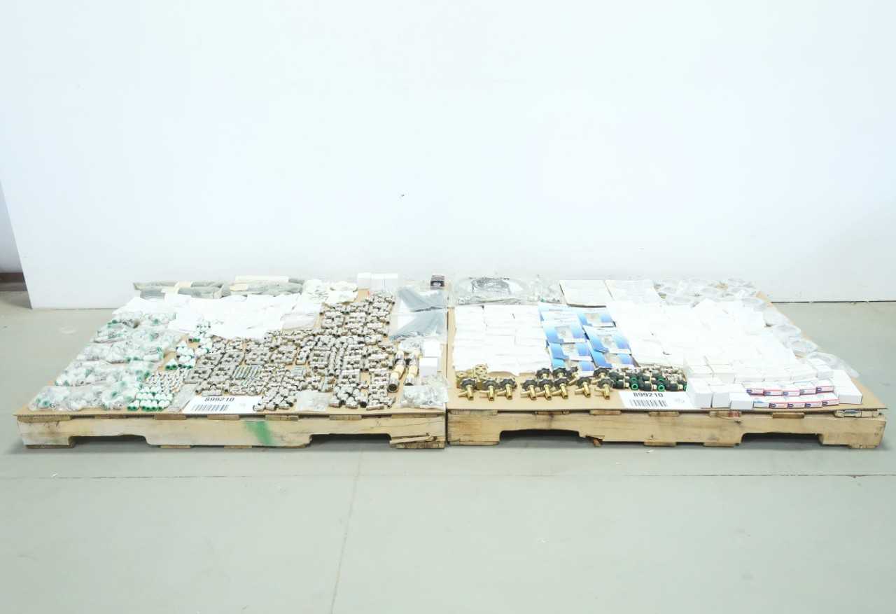 2 PALLETS OF ASSORTED FITTINGS, PNEUMATIC MUFFLER, PRESSURE GAUGE, TEMPERATURE SENDER, BRASS NOZZLE - INSTRUMENTATION