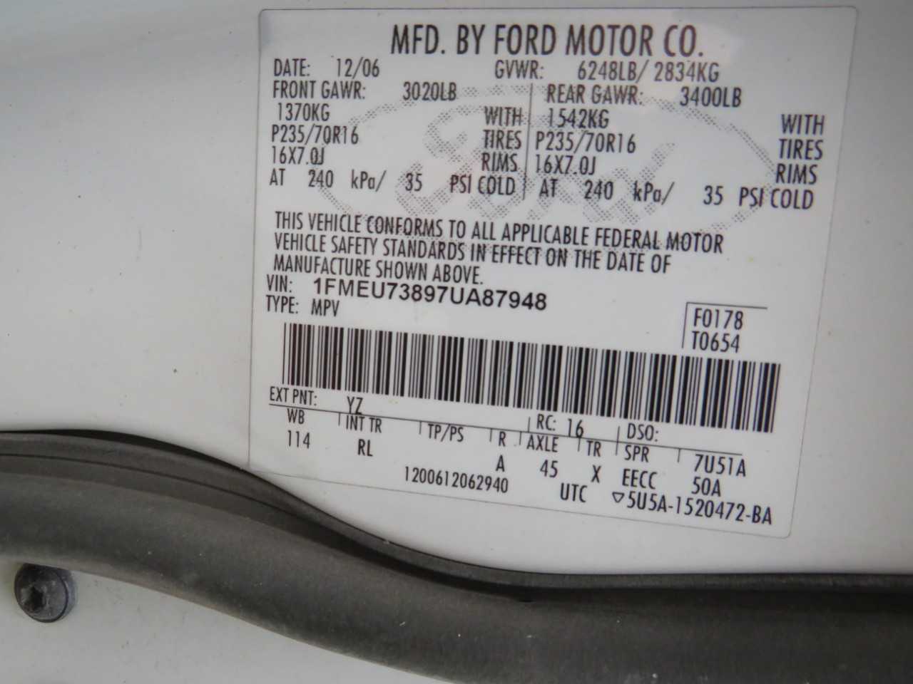 2007 FORD EXPLORER 4WD 4 DOOR 8 CYL GAS SUV  VIN:  1FMEU73897UA87948 - BUSES