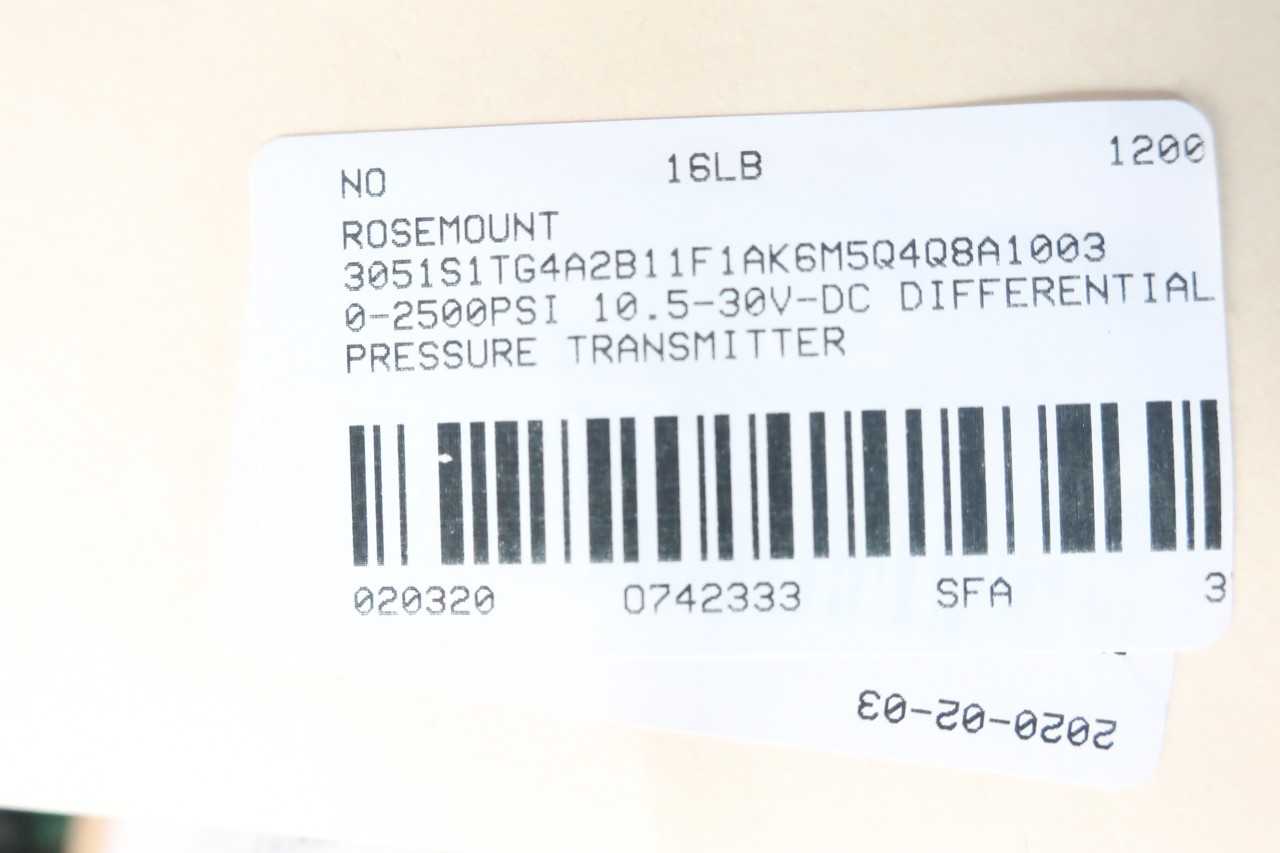 ROSEMOUNT 3051S1TG4A2B11F1AK6M5Q4Q8A1003 GAGE PRESSURE TRANSMITTER 0-2500PSI - INSTRUMENTATION