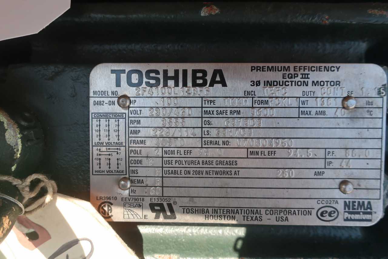 TOSHIBA MOTOR 2FA4100L1EBFG 100HP 460V 3555RPM 2P - ELECTRIC MOTORS