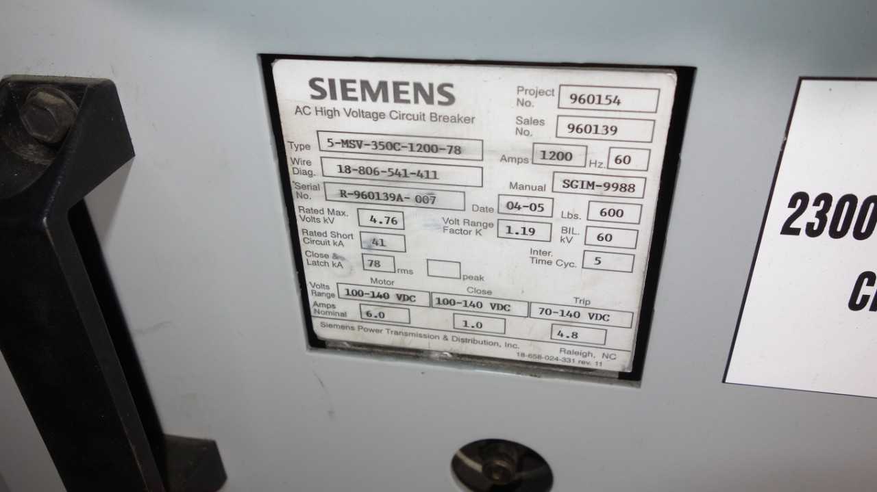 LOT OF 11 SIEMENS 5-MSV-350C-1200-78 1200A 4.76KV AC HIGH VOLTAGE CIRCUIT BREAKER - CIRCUIT BREAKERS