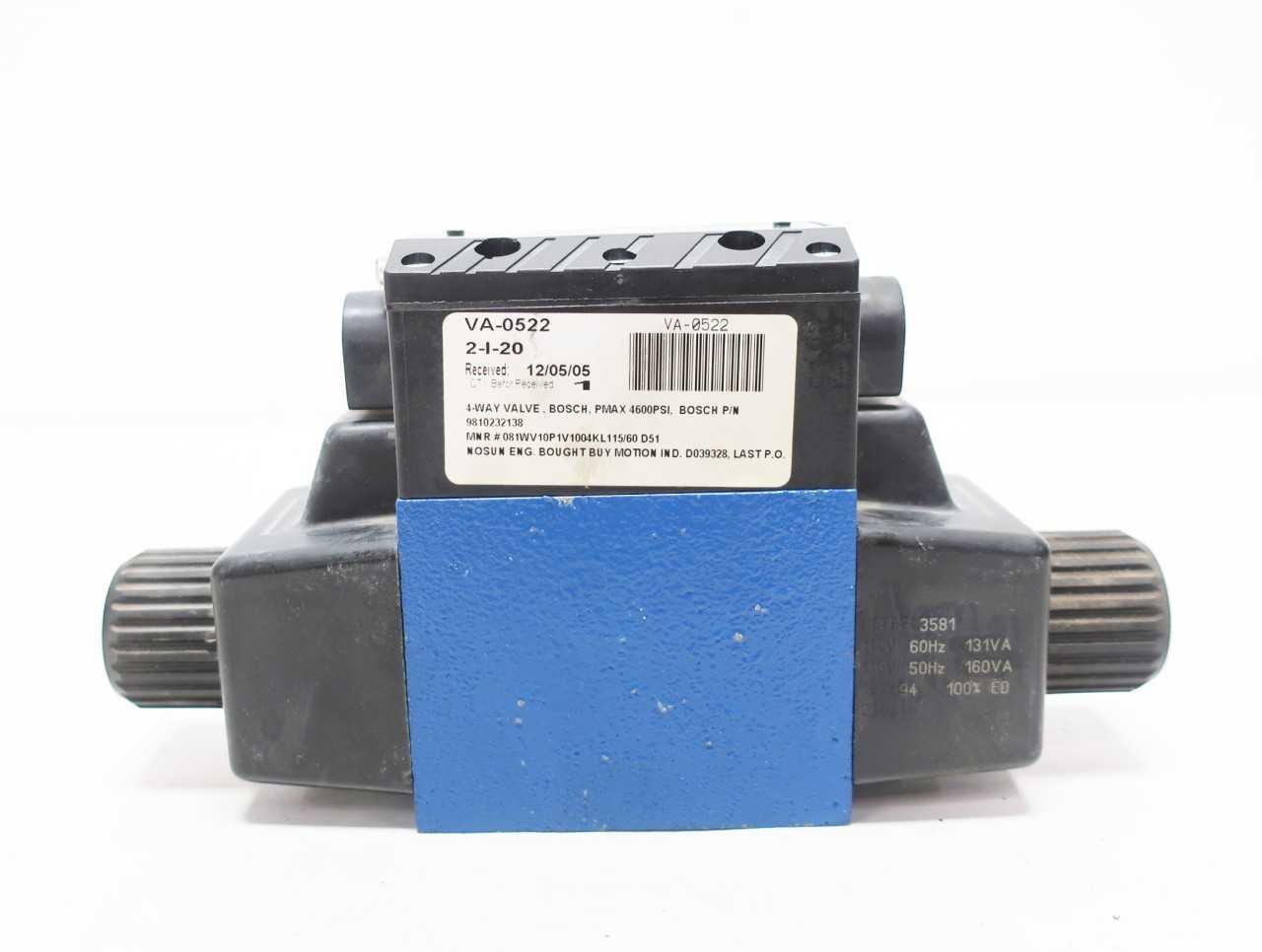 BOSCH 9810232138 081WV10P1V1004KL11560 4600PSI 115VAC HYDRAULIC SOLENOID VALVE - SOLENOID VALVE