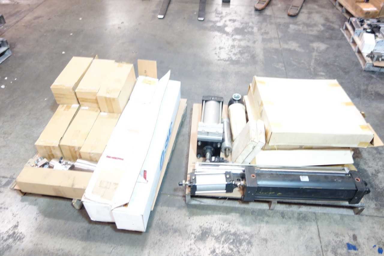 2 PALLETS OF ASSORTED PNEUMATIC CYLINDERS, PARTS, FILTERS, LUBRICATOR, COMPRESSOR PARTS - AIR COMPRESSORS