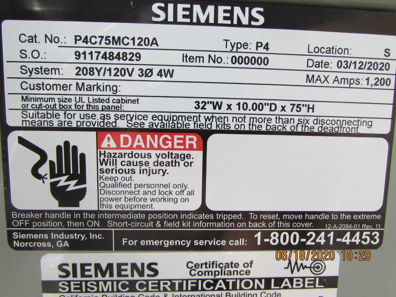 Siemens P4C75MC120A Panelboard - ELECTRICAL COMPONENTS