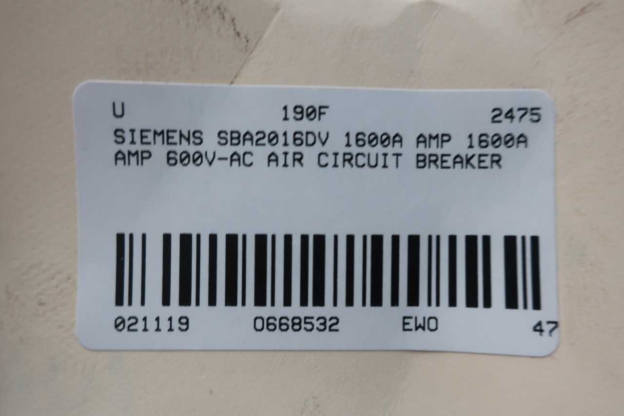 SIEMENS SBA2016DV 1600A AMP 1600A AMP 600V-AC AIR CIRCUIT BREAKER - CIRCUIT BREAKERS
