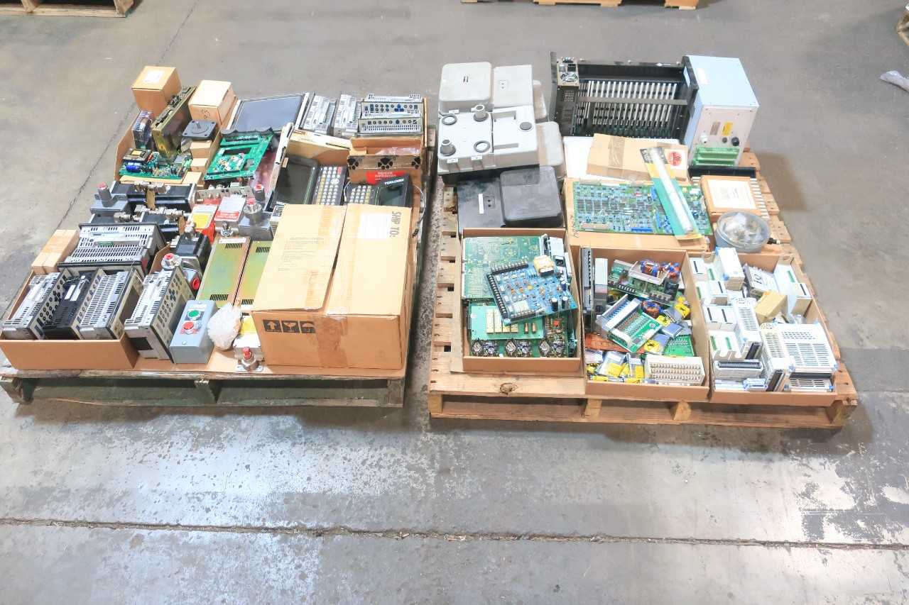2 PALLETS OF ASSORTED ELECTRICAL OPERATOR INTERFACE PANEL, CIRCUIT BOARDS, ALARM SENSOR, INPUT MODULE, SWITCH CONTROL, SERVO MOTORS- BERGER LAHR, YASKAWA, TELEMECANIQUE, BAILEY, SIMPLEX, OMNI VISION - AUTOMATION & CONTROLS