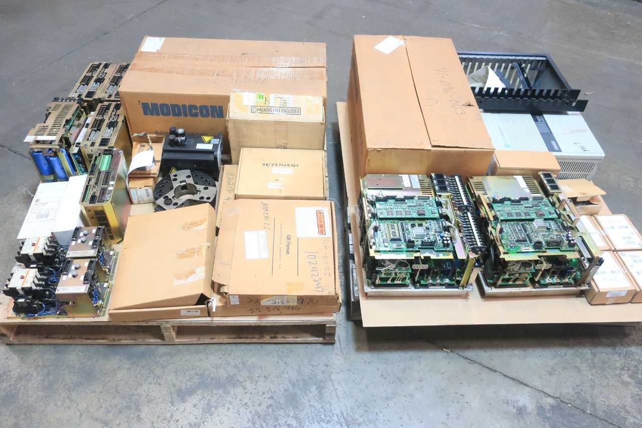 2 PALLETS OF ASSORTED ELECTRICAL CHASSIS RACK,SERVO DRIVE, MOTOR DRIVE, SERVO POWER SUPPLY, SERVO AMP, JUNCTION BOX COMM CONTROLS, SWITCH CONT, PRESSURE SENSOR, SERVOPACK, SERVO CONTROLLER ROBOT- YASKAWA, ALLEN BRADLEY, ROSEMOUNT, GENERAL ELECTRIC, AEG MO - SERVO
